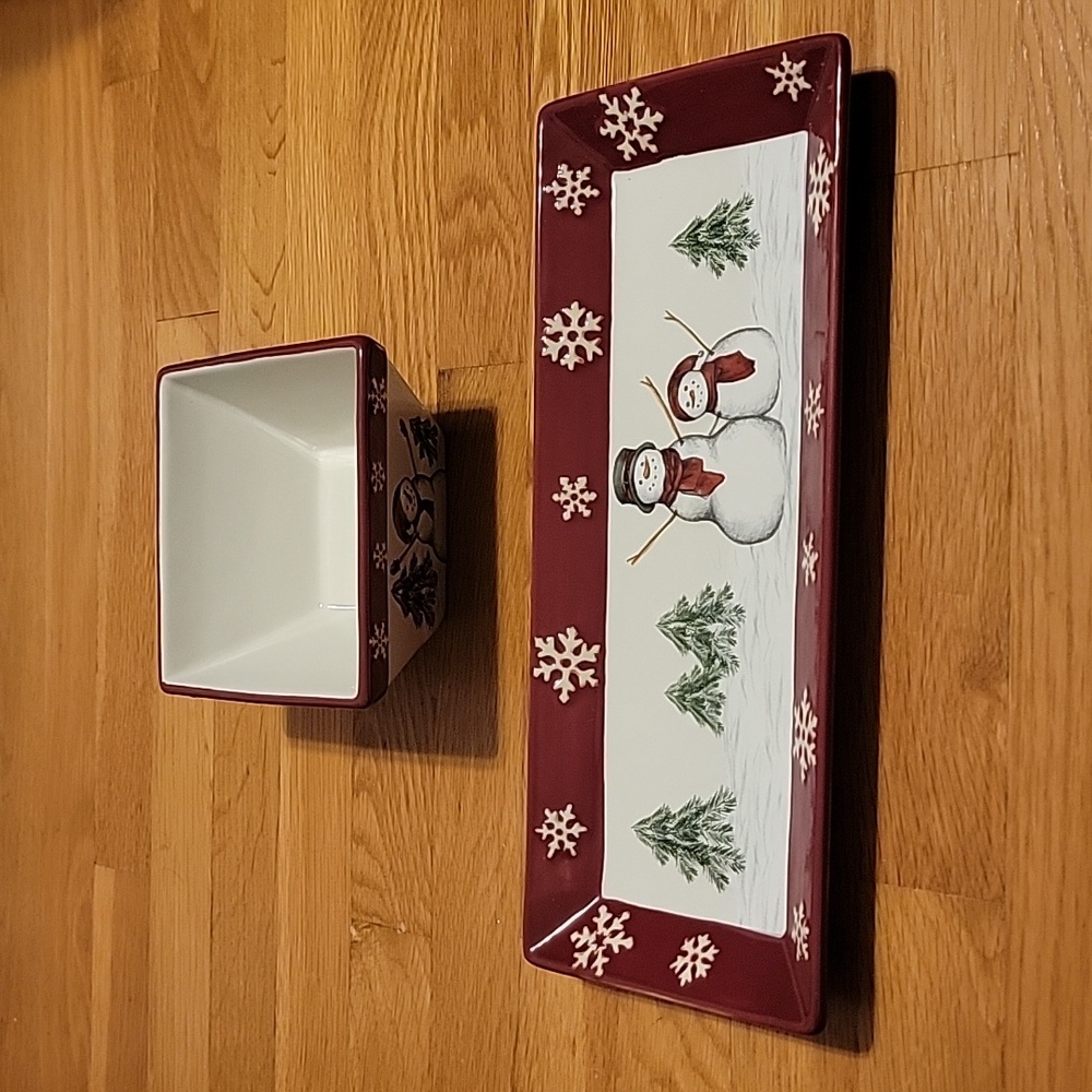 St. Nicholas Square Snowman tray bowl serving holiday vintage Christmas 2 bundle